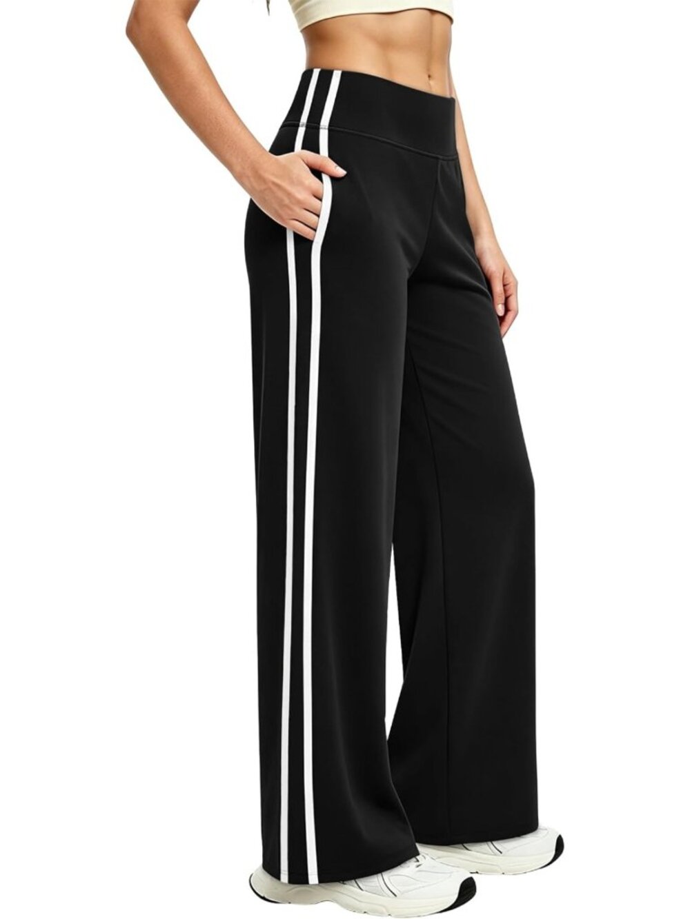 Wide Leg High Waist Women's Pants with Pockets - Loose Stretch Casual Trousers